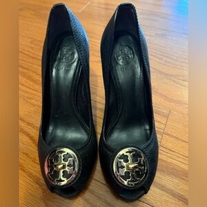 Tory Burch Black Peep-Toe Heels with Gold Logo